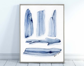 Driftwood Watercolor Beach Art, Blue Driftwood Collection Coastal Decor Art, Watercolor Beach Print, Beach House Decor, Instant Download Art