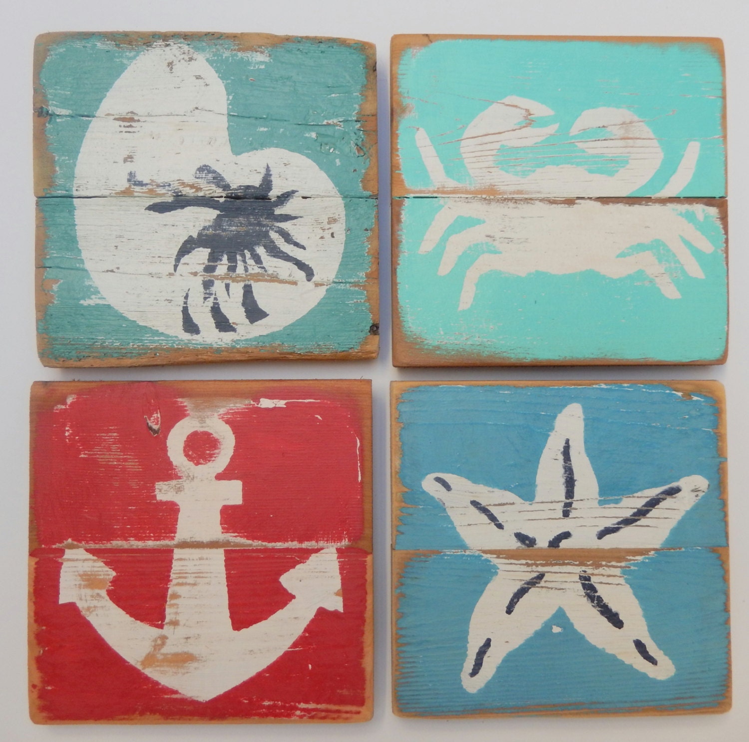 Beach Art Set of 4 Nautical Paintings on Reclaimed Picket Etsy