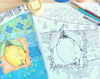 Printable Coloring or Painting Page, DIY Art, Download Coloring - Painting Page, Lemon Art, Kitchen Art, Garden Art Print, Kitchen decor