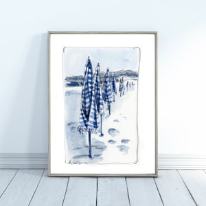 Blue Beach Umbrellas Watercolor Art Print (Digital Download)