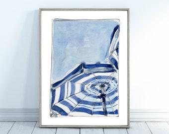 Blue Striped Umbrellas Watercolor Print: Beach House Decor (Digital Download)