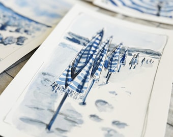 Stampa artistica ad acquerello con ombrelloni da spiaggia: stampa giclée costiera