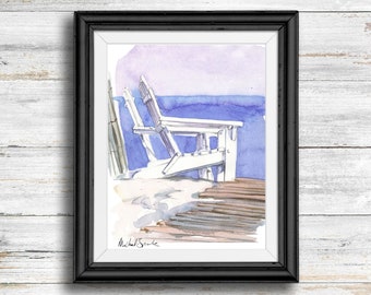 Beach Chairs, Watercolor Beach Art, Coastal Decor, Watercolor Beach Print, Beach, Beach House Decor, Instant Download Watercolor Art,