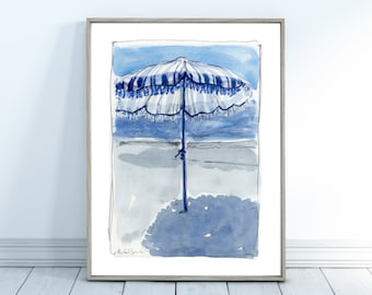 May include: A watercolor painting of a blue and white striped beach umbrella with a blue fringe. The umbrella is standing on a sandy beach with a blue sky in the background.