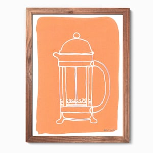 French Press Line Art Print: Orange Coffee Culture Kitchen Decor
