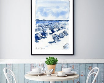 Blue Beach Watercolor Art Print: Coastal Decor (Digital Download)