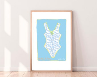 Swimsuit, Beach Summer Fashion, Blue Swimsuit, Watercolor Beach Art, Beach House, Shells swimsuit, Decor, Instant Download Watercolor Art,