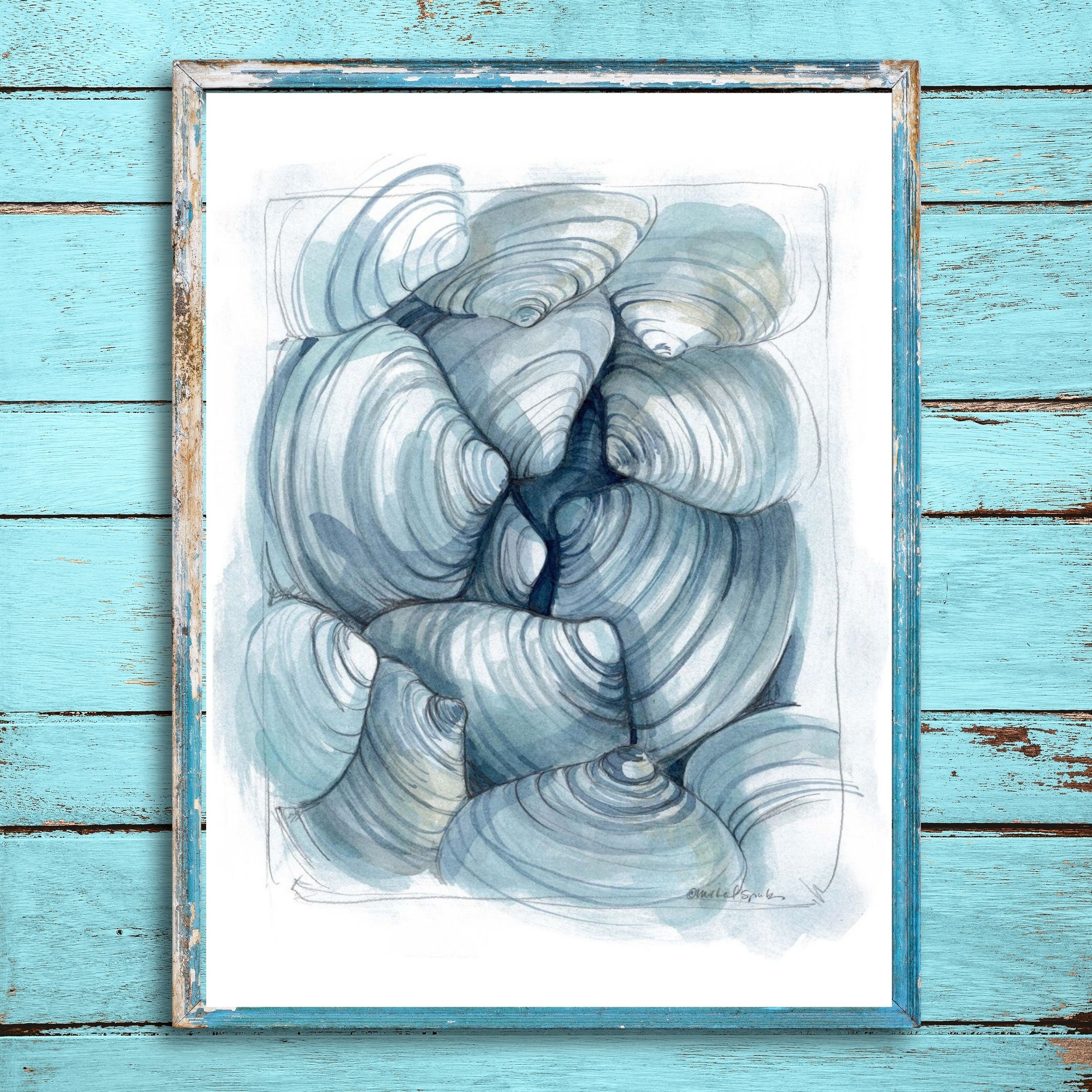 Watercolored Clam Shell Shells, Blue Clam Shells Watercolor Beach Art, Shell Coastal Decor ...