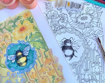 Printable Coloring or Painting Page, DIY Art, Download Coloring - Painting Page, Bumble Bee, Garden Art, Garden Pattern Art Print, Bee decor