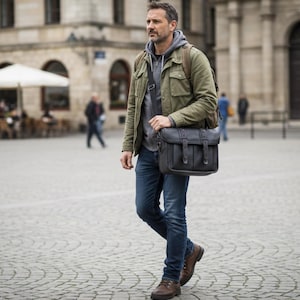May include: A man wearing a green jacket, gray hoodie, and blue jeans, carrying a black leather messenger bag. He is walking on a cobblestone street. The bag has a flap closure and buckle details. He is also wearing brown boots.