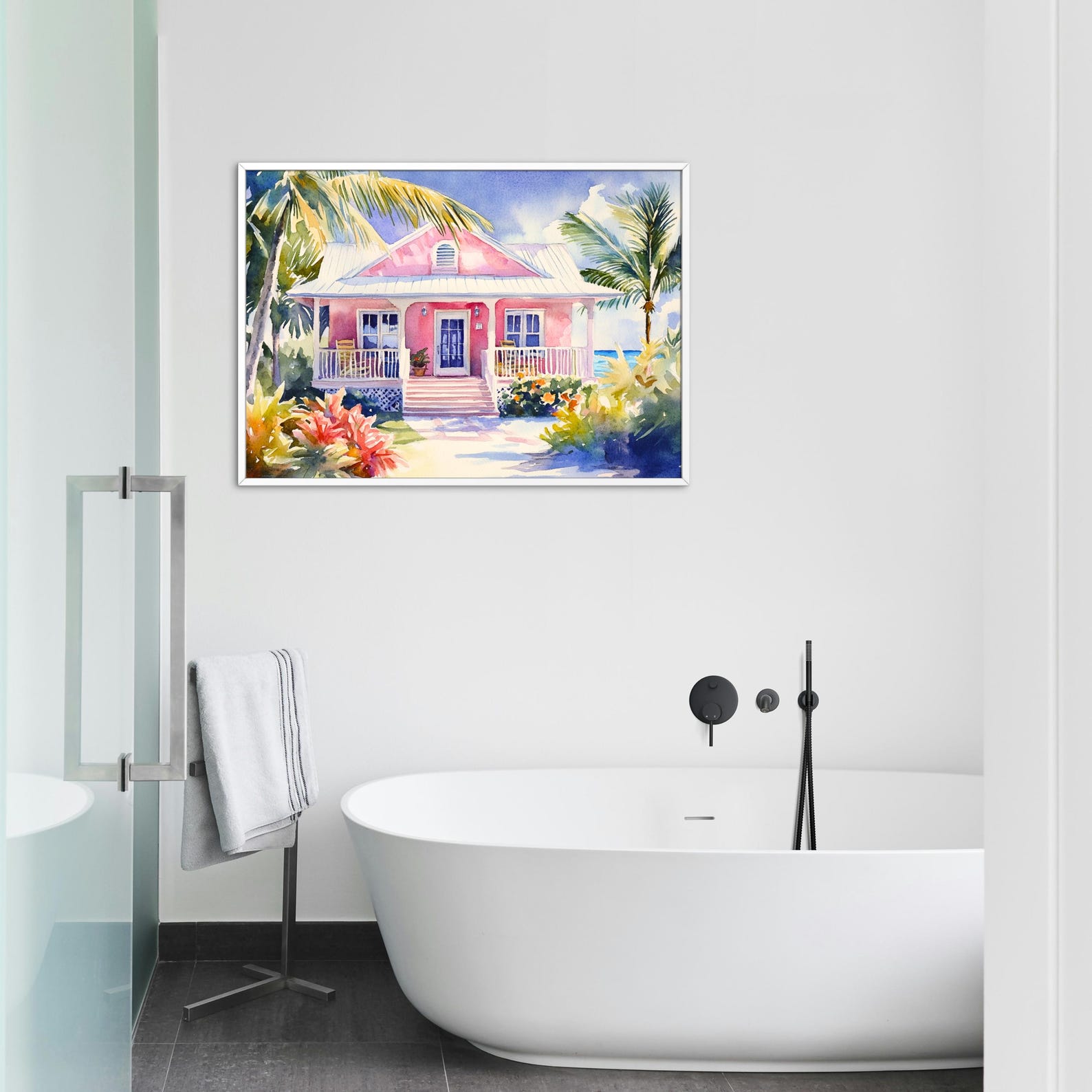 Pink Beach House Watercolor Print: Tropical Coastal Wall Art (digital ...