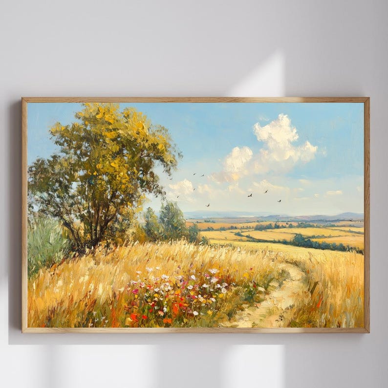Summer Field Landscape Oil Painting, Rustic Wildflower Countryside Wall ...