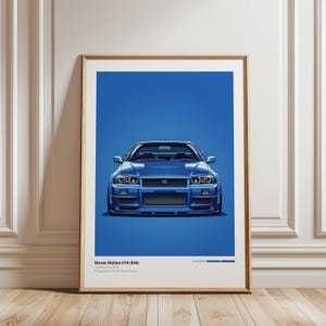 Puede incluir: Una lámina artística enmarcada que muestra un Nissan Skyline GTR (R34) azul de frente, centrado sobre un fondo azul sólido. El texto "Nissan Skyline GTR (R34)" aparece en la parte inferior izquierda, junto a una pequeña paleta de colores gris y azul.