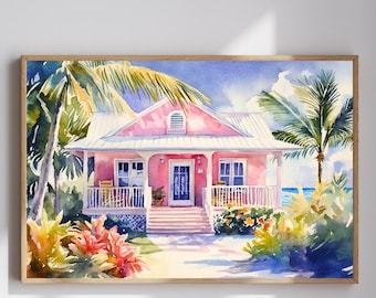 Pink Beach House Watercolor Print: Tropical Coastal Wall Art (Digital Download)