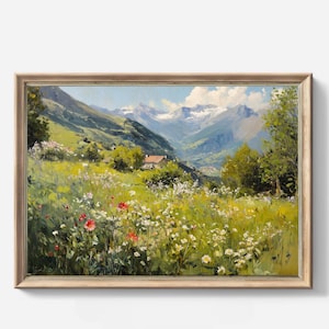 Sommer in den Bergen Wand Kunst - Wildblumen Druck Alpine Landschaft Gemälde Rustikale Hütte Dekor (Digitaler Download)