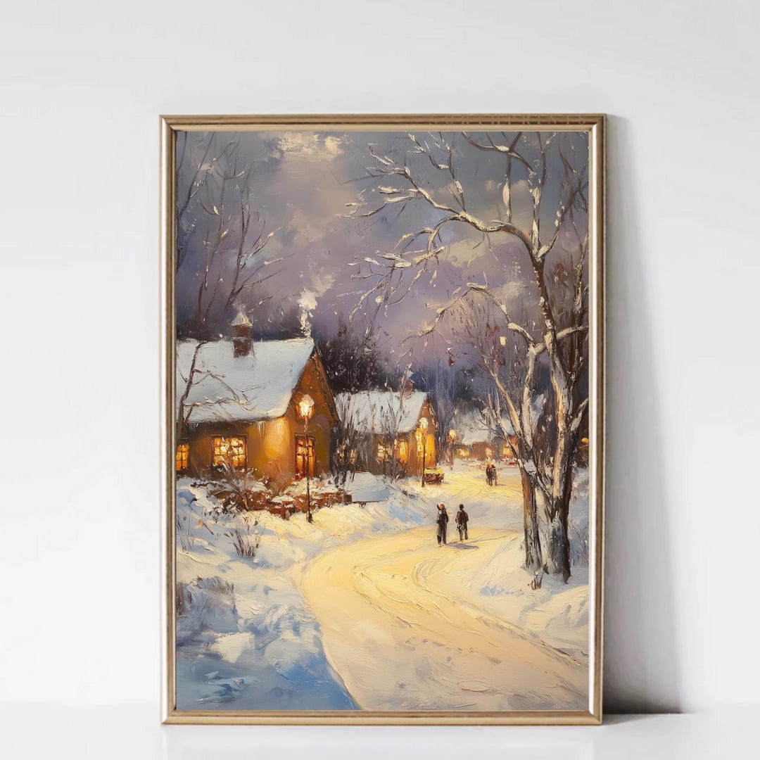 Vintage Winter Village Painting Christmas Printable Wall Art Rustic ...