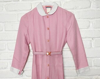 Vintage Pink Check Long Sleeve Dress with Matching Belt and Peter Pan Collar - 1960's Style