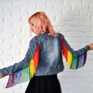 Rainbow Fringe Denim Jacket - White/Black/Denim - Men&#39;s Womens