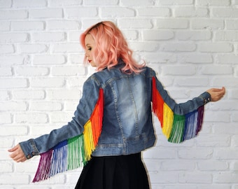 Rainbow Fringe Denim Jacket - White/Black/Denim - Men's Womens