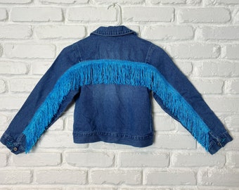 Blue Glitter Fringe Denim Jacket with Embroidered Flowers - Size 8 Kids - Ready to Ship