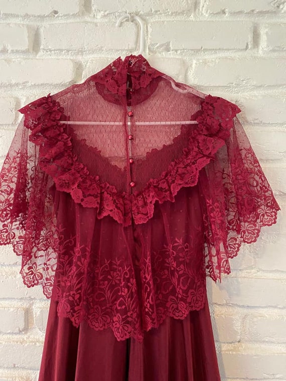 1970's Maroon Lace & Satin Maxi Dress - Prairie St