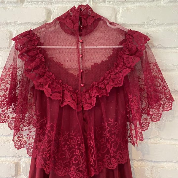 1970's Maroon Lace & Satin Maxi Dress - Prairie Style, Romantic, Victorian