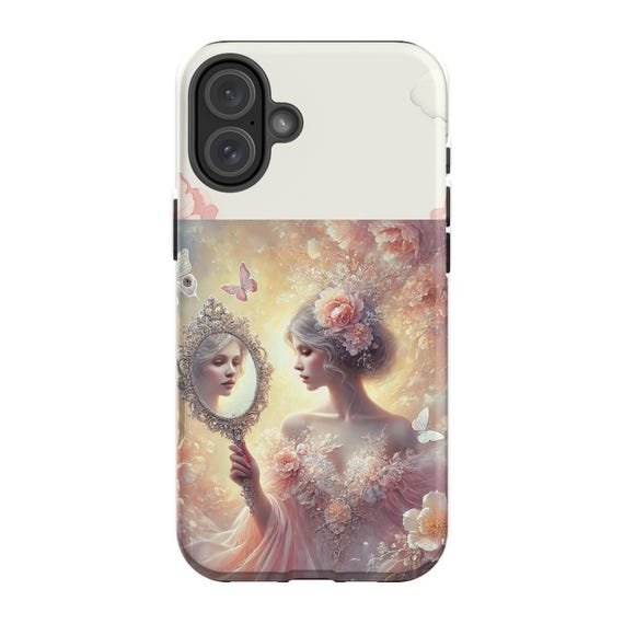 Floral Portrait iPhone 16 Plus Case: Mirror Reflection, Butterfly Accents