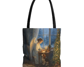 Angel by Window Christmas Tree Tote Bag | Holiday Noel Poinsettia Print Tote