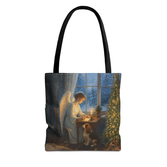 Angel by Window Christmas Tree Tote Bag | Holiday Noel Poinsettia Print Tote