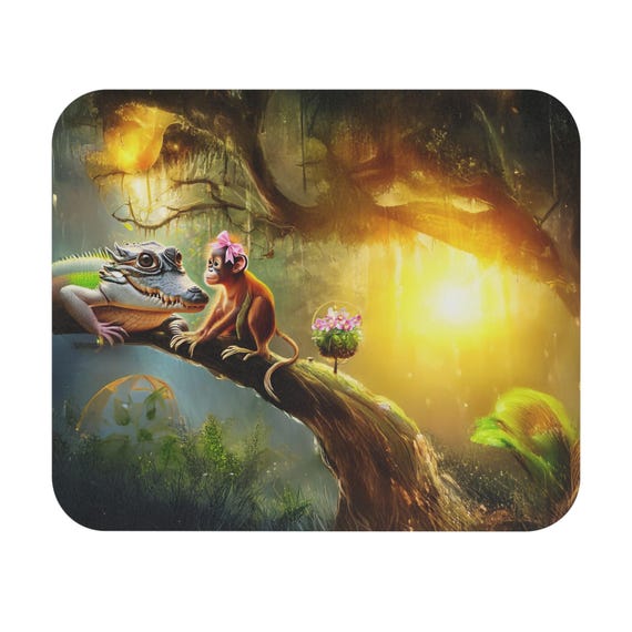 Crocodile and Monkey on Enchanted Tree Mouse Pad | Fantasy Forest Desk Mat
