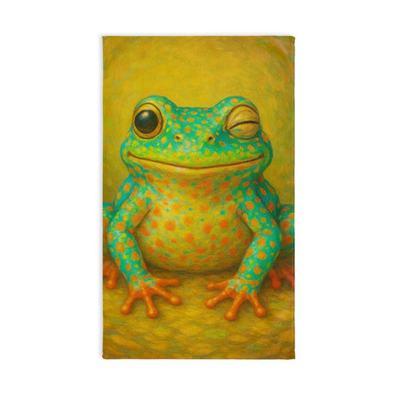 Winking Frog Hand Towel - Cute Bathroom Decor, Frog Lover Gift, Kitchen Towel, Embroidered Cloth, Novelty Washcloth