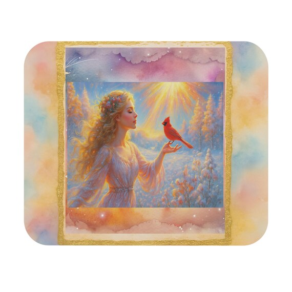 Angel Woman with Cardinal Mouse Pad | Spiritual Fantasy Desk Mat