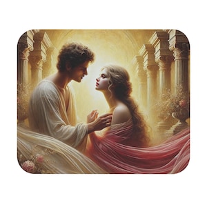 May include: A romantic illustration of a man and woman in classical attire, gazing at each other. The woman wears a flowing pink gown, and the man is in a white robe. The background features columns and a warm, golden light, evoking a sense of love and intimacy.