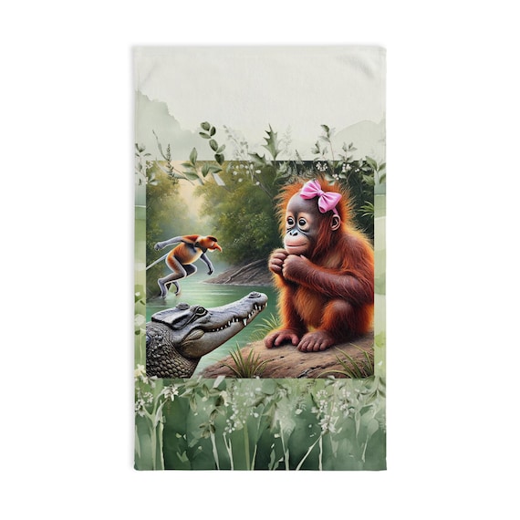 Animal Print Hand Towel, Jungle Theme Bathroom Decor, Cute Wildlife Hanging Towel, Kids Bath Linens, Unique Safari Gift, Tropical Kitchen