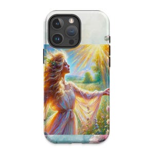 Custodia per cellulare lucida di alta qualità per iPhone 14, elegante donna illuminata dal sole in campo artistico, lussuosa custodia protettiva per iPhone 14, design artistico
