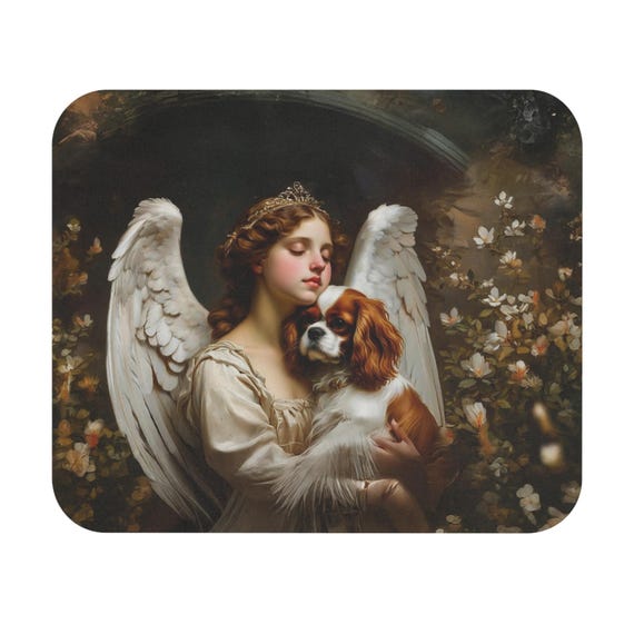 Angel Holding Cavalier King Charles Spaniel Mouse Pad | Vintage Angel Dog Artwork