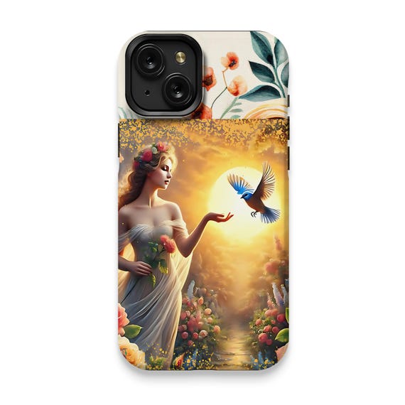 iPhone 15 Case: Glossy Floral Fantasy, Woman and Bird Art