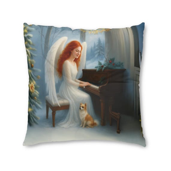 Music Angel Playing Piano Square Floor Pillow: Tufted Home Decor