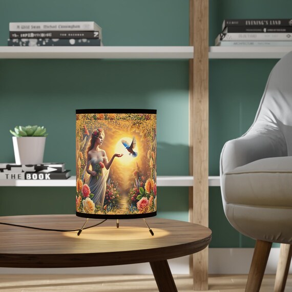 Fantasy Garden Lamp: Majestic Woman & Bluebird Nature Scene