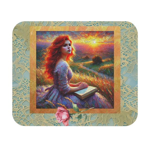 Redheaded Woman Reading at Sunset Mouse Pad | Romantic Landscape, Floral Lace Border