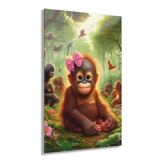 Glass Wall Art, Cute Orangutan Acrylic Print, Jungle Animal Decor, Wildlife Wall Hanging, Safari Nursery Art, Tropical Monkey Wall Decor