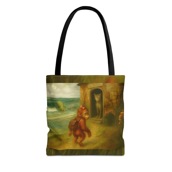 Wildlife Art Tote Bag: Monkey, Cat, School