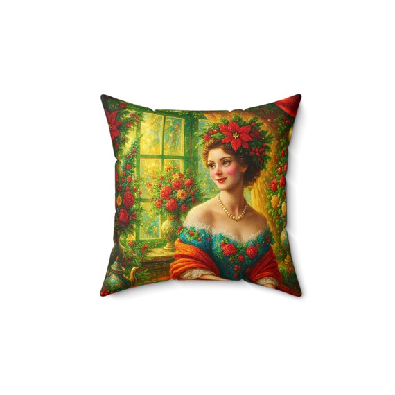 Elegant Faux Suede Square Pillow, Floral Lady, Boho Decor