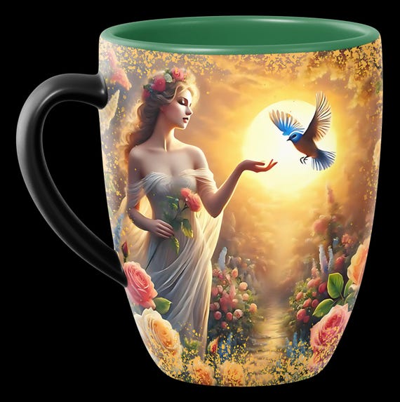 Artistic Floral Ceramic Coffee Mugs, Fairytale Garden & Inspirational Quote Design
