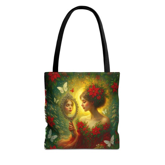 Victorian Woman with Mirror Tote Bag | Floral Butterfly Art