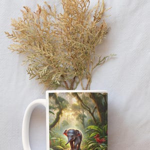 Cute Pygmy Elephant Mug – Borneo Rainforest Coffee Cup with Fruit Trees – Wildlife Lover Gift – Jungle Animal Ceramic Tea Mug