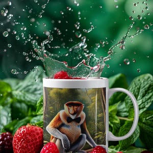 Peut inclure: Une tasse en céramique blanche avec une image colorée d'un singe nasique portant un nœud papillon. Le singe est assis dans un décor de jungle. La tasse est entourée de framboises et de fraises rouges.