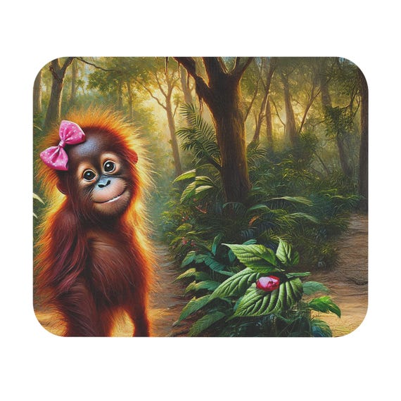 Cute Baby Orangutan with Pink Bow Mouse Pad | Jungle Nursery Desk Mat