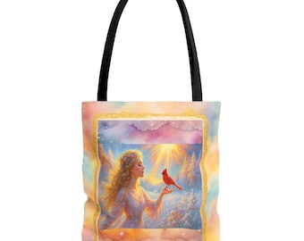 Angel with Cardinal Tote Bag | Pastel Sunrise Spiritual Artwork