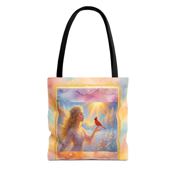 Angel with Cardinal Tote Bag | Pastel Sunrise Spiritual Artwork